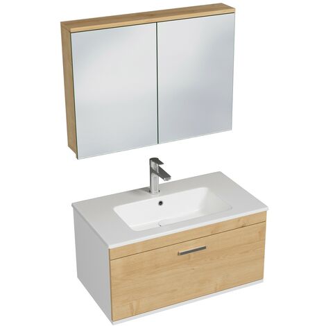 RUBITE Meuble salle de bain simple vasque 1 tiroir chêne clair largeur 80 cm + miroir armoire
