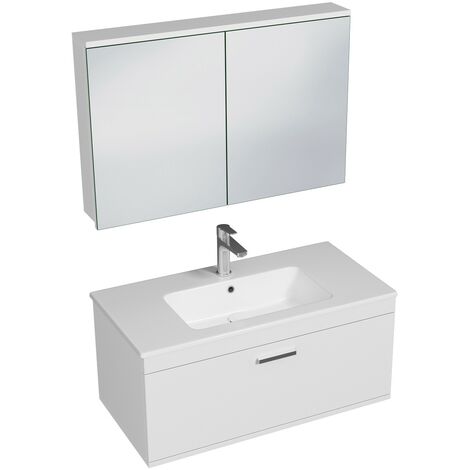 RUBITE Meuble salle de bain simple vasque 1 tiroir blanc largeur 100 cm + miroir armoire