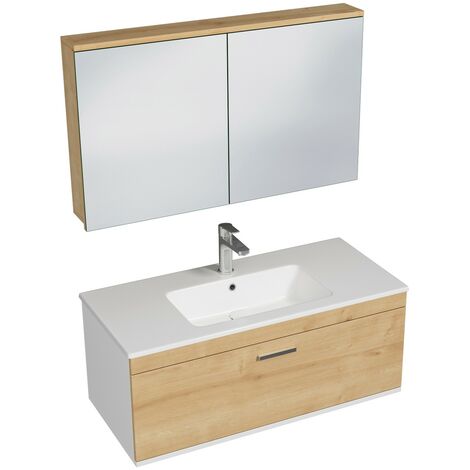 RUBITE Meuble salle de bain simple vasque 1 tiroir chêne clair largeur 100 cm + miroir armoire