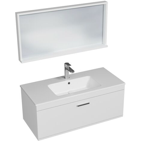 RUBITE Meuble salle de bain simple vasque 1 tiroir blanc largeur 100 cm + miroir cadre
