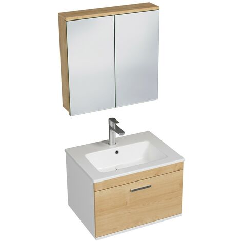 RUBITE Meuble salle de bain simple vasque 1 tiroir chêne clair largeur 60 cm + miroir armoire