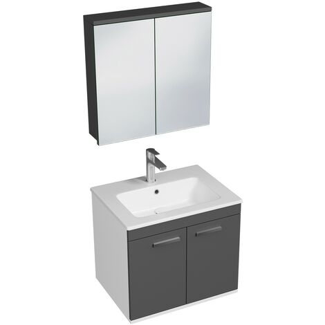 RUBITE Meuble salle de bain simple vasque 2 portes gris anthracite largeur 60 cm + miroir armoire