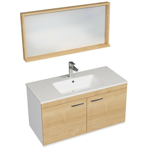 RUBITE Meuble salle de bain simple vasque 2 portes chêne clair largeur 100 cm + miroir cadre