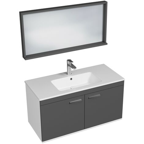RUBITE Meuble salle de bain simple vasque 2 portes gris anthracite largeur 100 cm + miroir cadre