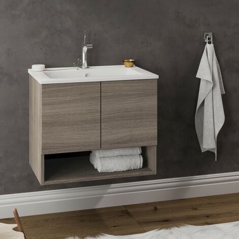 OSLO Meuble avec simple vasque encastrée - Chêne fumé largeur 60 cm