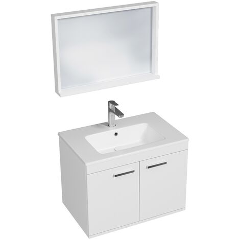 RUBITE Meuble salle de bain simple vasque 2 portes blanc largeur 70 cm + miroir cadre (1/4)
