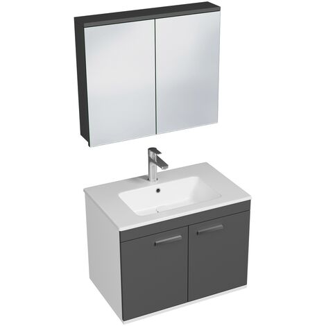 RUBITE Meuble salle de bain simple vasque 2 portes gris anthracite largeur 70 cm + miroir armoire (1/4)