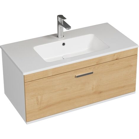 RUBITE Meuble salle de bain simple vasque 1 tiroir chêne clair largeur 90 cm