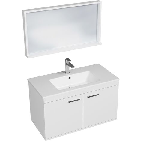 RUBITE Meuble salle de bain simple vasque 2 portes blanc largeur 90 cm + miroir cadre (1/4)