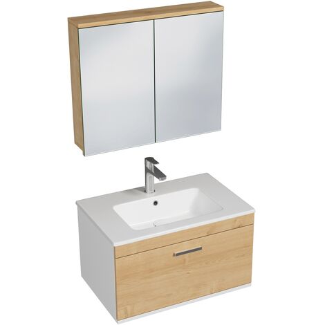 RUBITE Meuble salle de bain simple vasque 1 tiroir chêne clair largeur 70 cm + miroir armoire