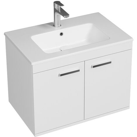 Saniverre – Meuble salle de bain simple vasque 2 portes battantes blanc – Largeur 70 cm – Panneaux mélaminés – Finition brillante – À suspendre