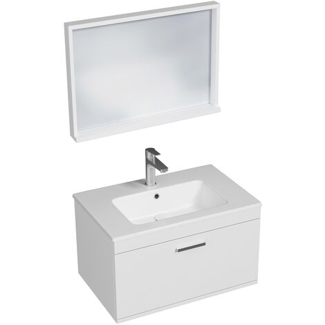 RUBITE Meuble salle de bain simple vasque 1 tiroir blanc largeur 70 cm + miroir cadre