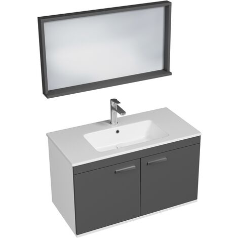 RUBITE Meuble salle de bain simple vasque 2 portes gris anthracite largeur 90 cm + miroir cadre
