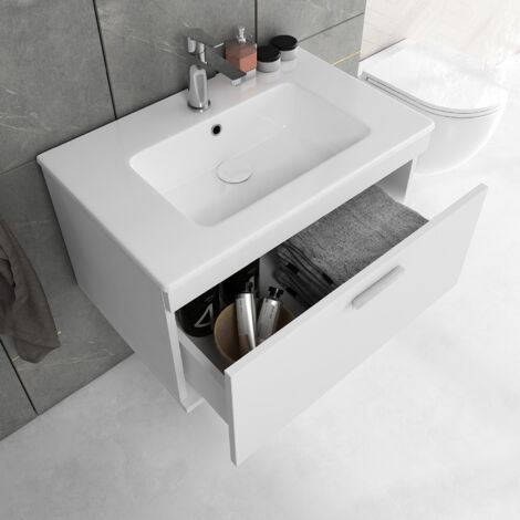 Saniverre – Meuble sous vasque à tiroir blanc 70 cm – Vasque simple en céramique brillante – Tiroir coulissant soft-close – Montage mural inclus