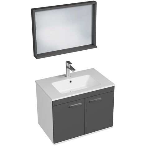 RUBITE Meuble salle de bain simple vasque 2 portes gris anthracite largeur 70 cm + miroir cadre