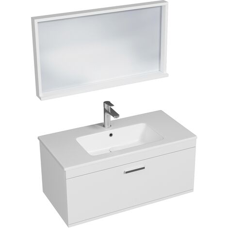 RUBITE Meuble salle de bain simple vasque 1 tiroir blanc largeur 90 cm + miroir cadre