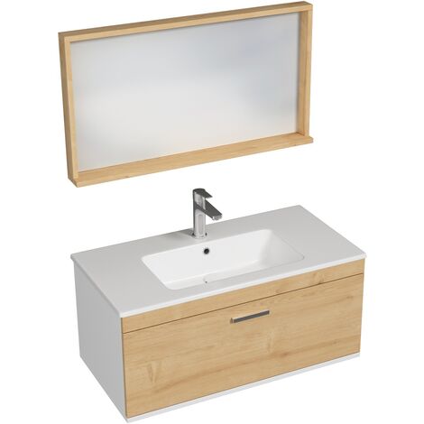 RUBITE Meuble salle de bain simple vasque 1 tiroir chêne clair largeur 90 cm + miroir cadre