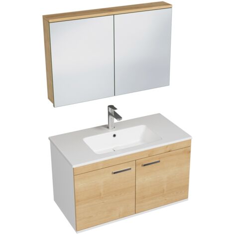RUBITE Meuble salle de bain simple vasque 2 portes chêne clair largeur 90 cm + miroir armoire