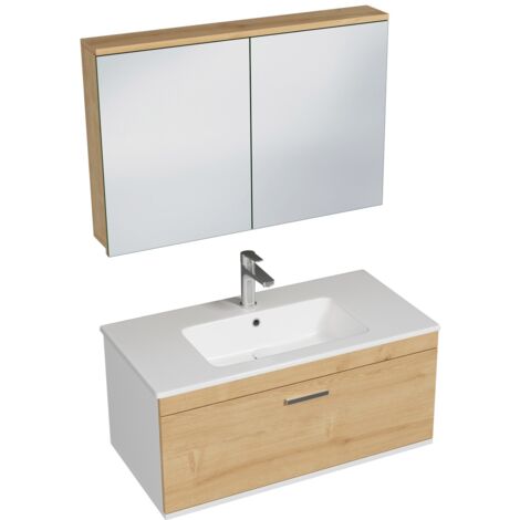 RUBITE Meuble salle de bain simple vasque 1 tiroir chêne clair largeur 90 cm + miroir armoire