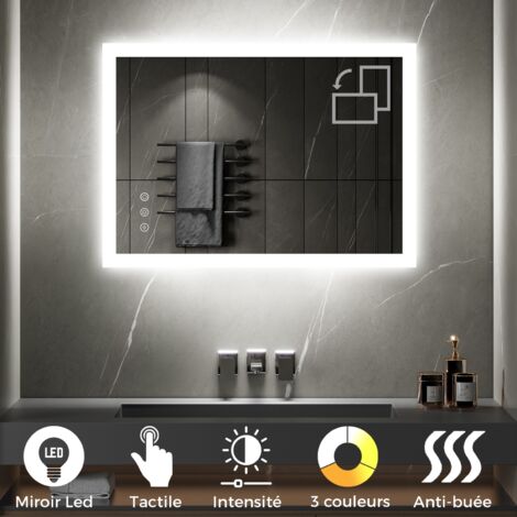 TEMEO Miroir LED lumineux fonctions tactiles + antibuée Dimensions - 50 x 70 cm