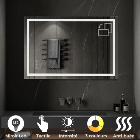 Saniverre – Miroir lumineux LED tactile antibuée 90x120 cm – Verre haute définition 5 mm – Éclairage 2100 lumens – Montage horizontal ou vertical