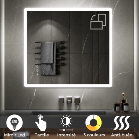 Saniverre – Miroir mural LED lumineux 90x100 cm – Fonction tactile et antibuée – Verre haute définition 5 mm – Protection étanche IP44