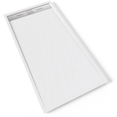HIEMAL INOX Receveur de douche 80 x 160 cm résine Blanc aspect ardoise + bonde inox incluse - Salle de bain