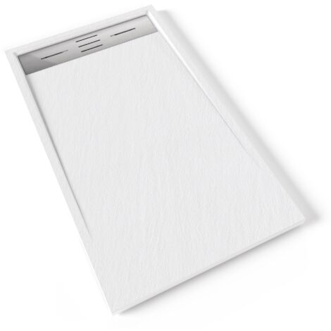 HIEMAL INOX Receveur de douche 70 x 120 cm résine Blanc aspect ardoise + bonde inox incluse - Salle de bain
