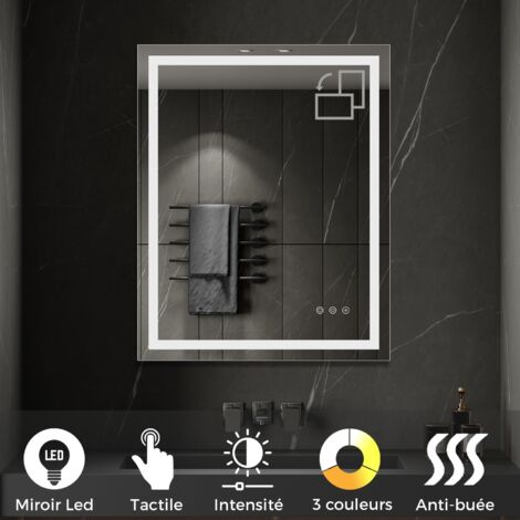 Saniverre – Miroir lumineux LED tactile antibuée 80x100 cm – Verre haute définition 5mm – Éclairage 2100 lumens – 3 températures lumineuses