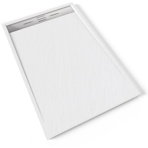 HIEMAL INOX Receveur de douche 90 x 140 cm résine Blanc aspect ardoise + bonde inox incluse - Salle de bain