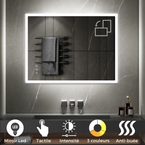 BOLEO Miroir LED lumineux fonctions tactiles + antibuée Dimensions - 90 x 120 cm