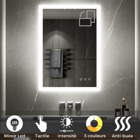 TEMEO Miroir LED lumineux fonctions tactiles + antibuée Dimensions - 60 x 80 cm