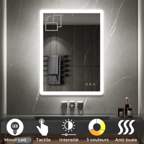 BOLEO Miroir LED lumineux fonctions tactiles + antibuée Dimensions - 60 x 80 cm