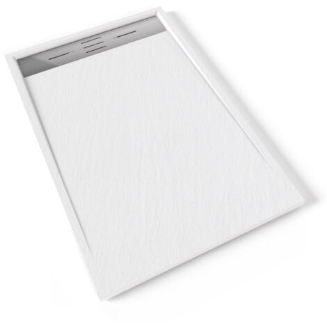 HIEMAL INOX Receveur de douche 80 x 120 cm résine Blanc aspect ardoise + bonde inox incluse - Salle de bain