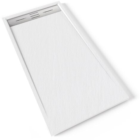 HIEMAL INOX Receveur de douche 70 x 140 cm résine Blanc aspect ardoise + bonde inox incluse - Salle de bain