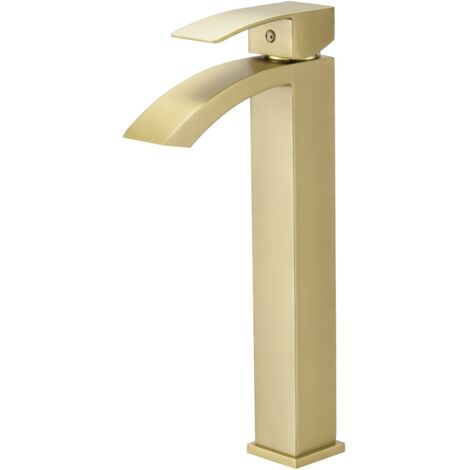 Saniverre – Robinet mitigeur haut bec cascade or brossé – Finition anti-corrosion – Débit 5,7L/min – Hauteur 31,6 cm pour vasques (1/5)