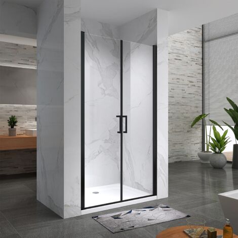 Porte de douche H. 180 cm, l. 77-80 cm, verre transparent 6 mm anticalcaire - KAYA-BLACK (1/5)