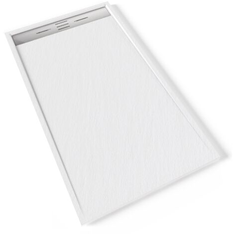 HIEMAL INOX Receveur de douche 90 x 160 cm résine Blanc aspect ardoise + bonde inox incluse - Salle de bain