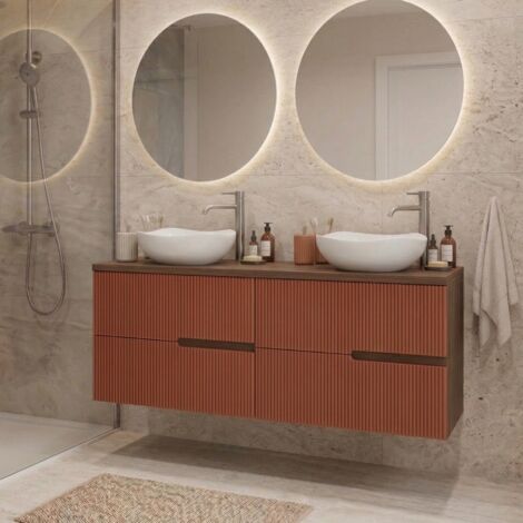 Meuble double vasque à poser L. 120 cm Chêne Moka 4 tiroirs Brique cannelé EVA - sans colonne (1/5)