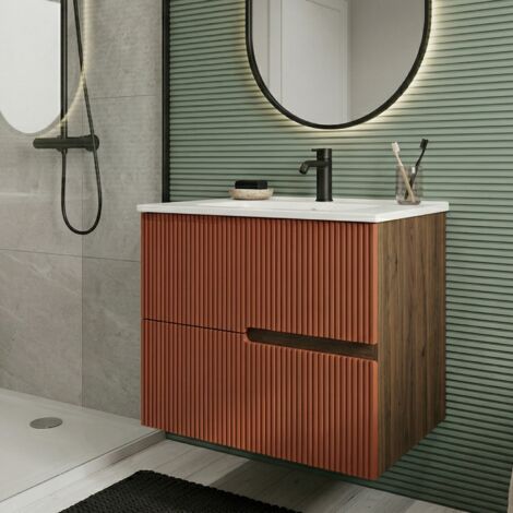 Meuble simple vasque L.60cm à suspendre Chêne Moka 2 tiroirs Brique cannelé EVA - sans colonne (1/5)