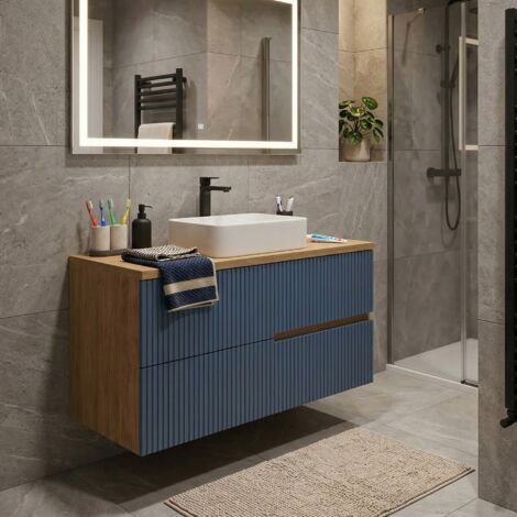 Meuble vasque à poser L.100cm suspendu Chêne naturel 2 tiroirs Bleu Mer cannelé EVA - sans colonne