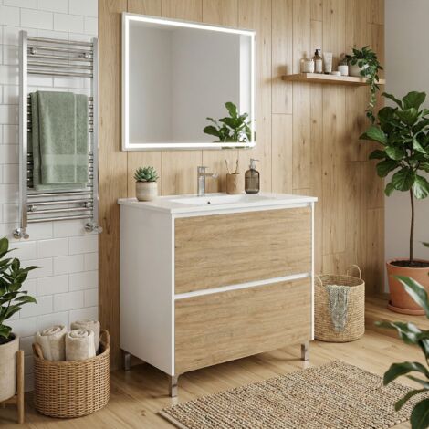Meuble vasque L.80cm sur pied Blanc laqué 2 tiroirs Chêne naturel LISBONA - sans colonne (1/5)