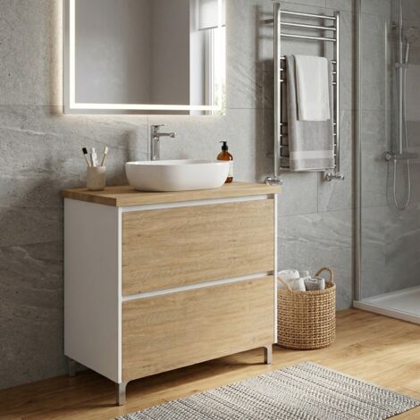 Meuble vasque à poser L.80cm sur pied Blanc laqué 2 tiroirs Chêne naturel LISBONA - sans colonne (1/5)