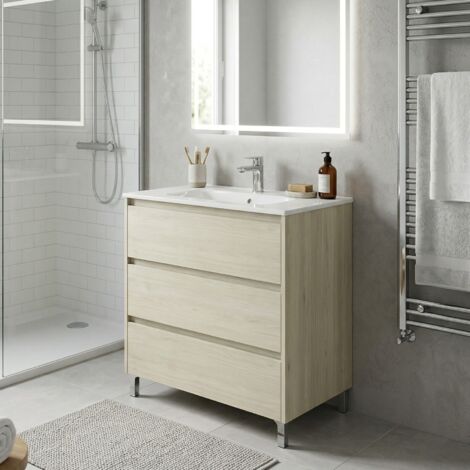 Meuble vasque L.80cm sur pied 3 tiroirs Chêne blanchi LISBONA - sans colonne (1/5)