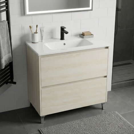 Meuble vasque L.80cm sur pied 2 tiroirs Chêne blanchi LISBONA - sans colonne (1/5)