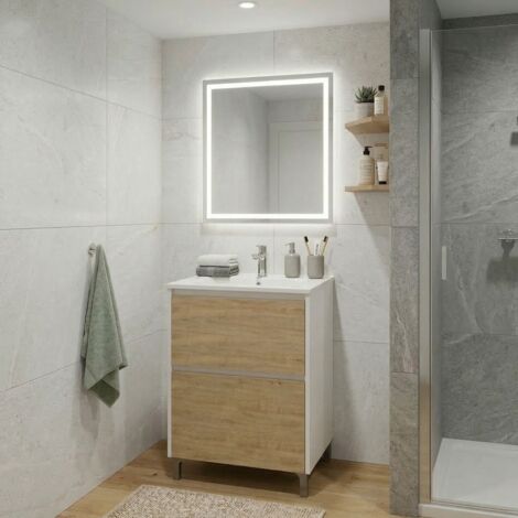 Meuble vasque L.60cm sur pied Blanc laqué 2 tiroirs Chêne naturel LISBONA - sans colonne (1/5)