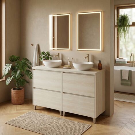 Meuble double vasque L. 120 cm à poser sur pied 4 tiroirs Chêne blanchi LISBONA - sans colonne (1/5)