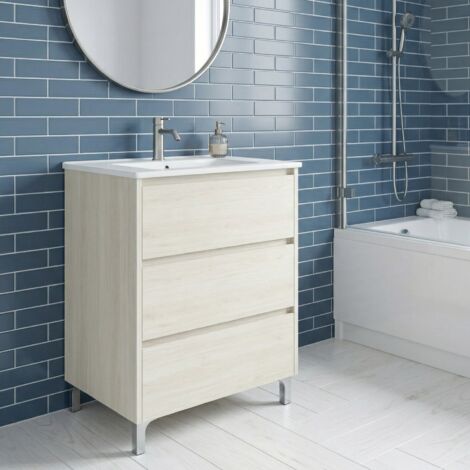 Meuble vasque L.60cm sur pied 3 tiroirs Chêne blanchi LISBONA - sans colonne (1/5)