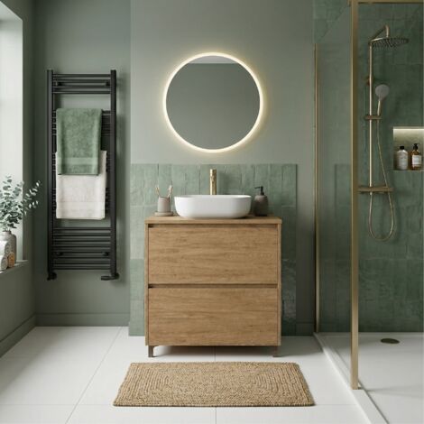 Meuble vasque à poser L.80cm sur pied 2 tiroirs Chêne naturel LISBONA - sans colonne