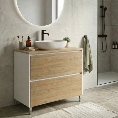 Meuble vasque à poser L.100cm sur pied Blanc laqué 2 tiroirs Chêne naturel LISBONA - sans colonne (1/5)